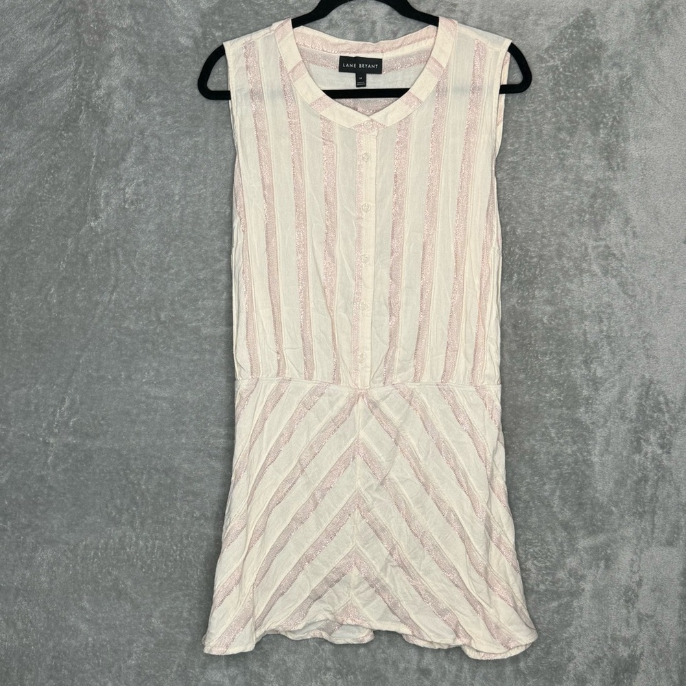 Lane Bryant 24 2X Tank Top Shirt Beige Striped Sleeveless Button Up Scoop Neck‎
